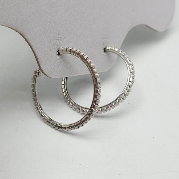 Silver Tone Faux Pearl Pave Hoop Earrings 2-Inch Diameter For Women - Picture 2 of 4